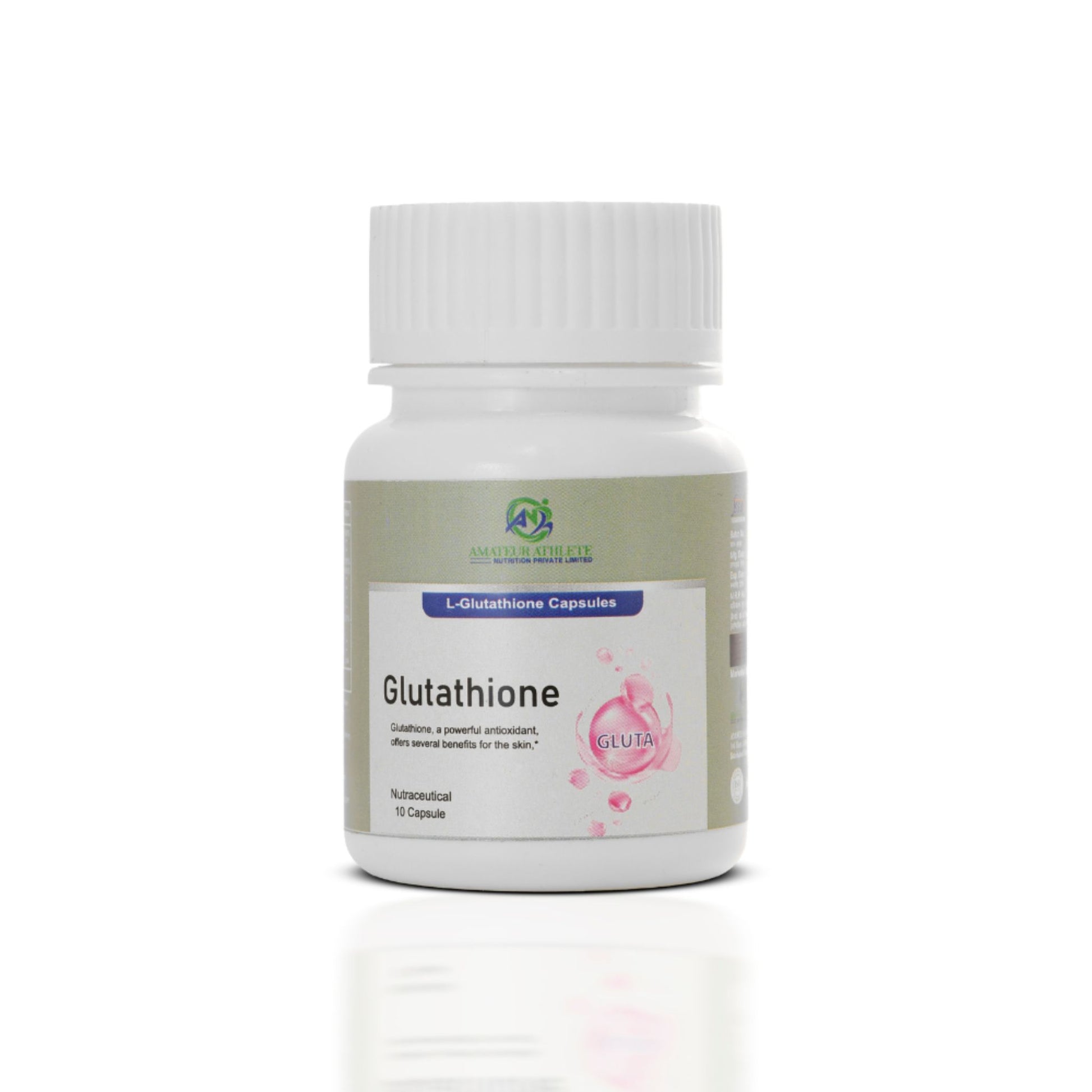Bottle of Glutathione capsules on a white background