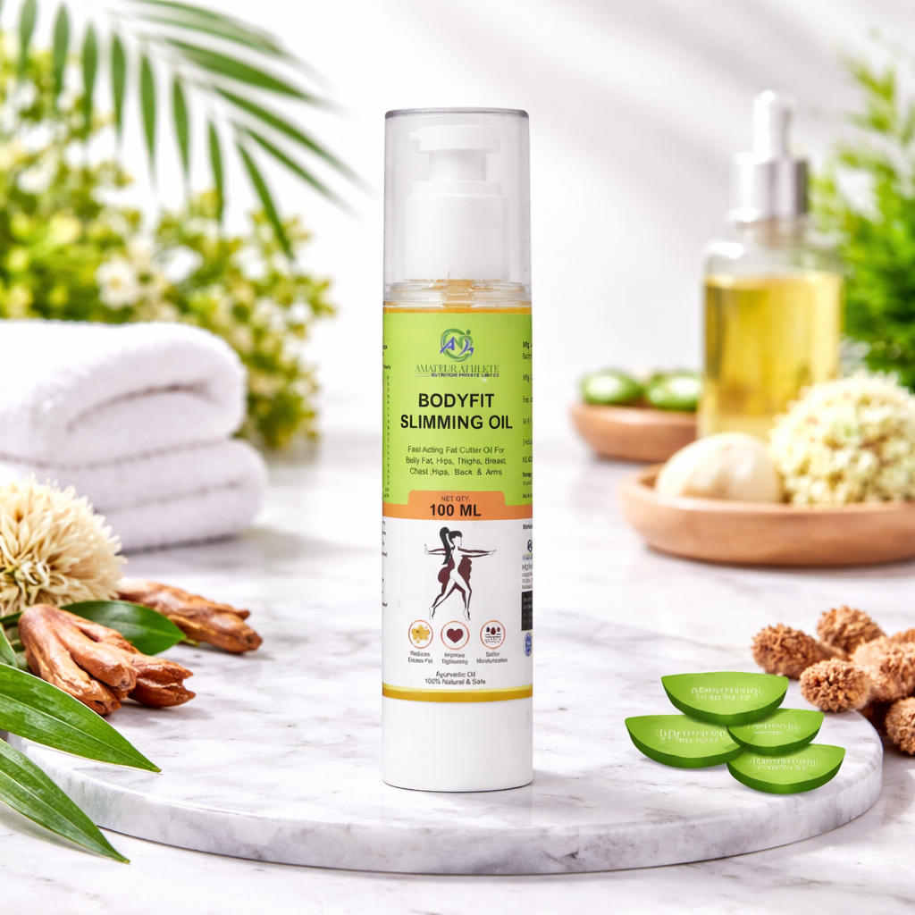 Bodyfit slimming oil bottle on a marble surface with natural elements