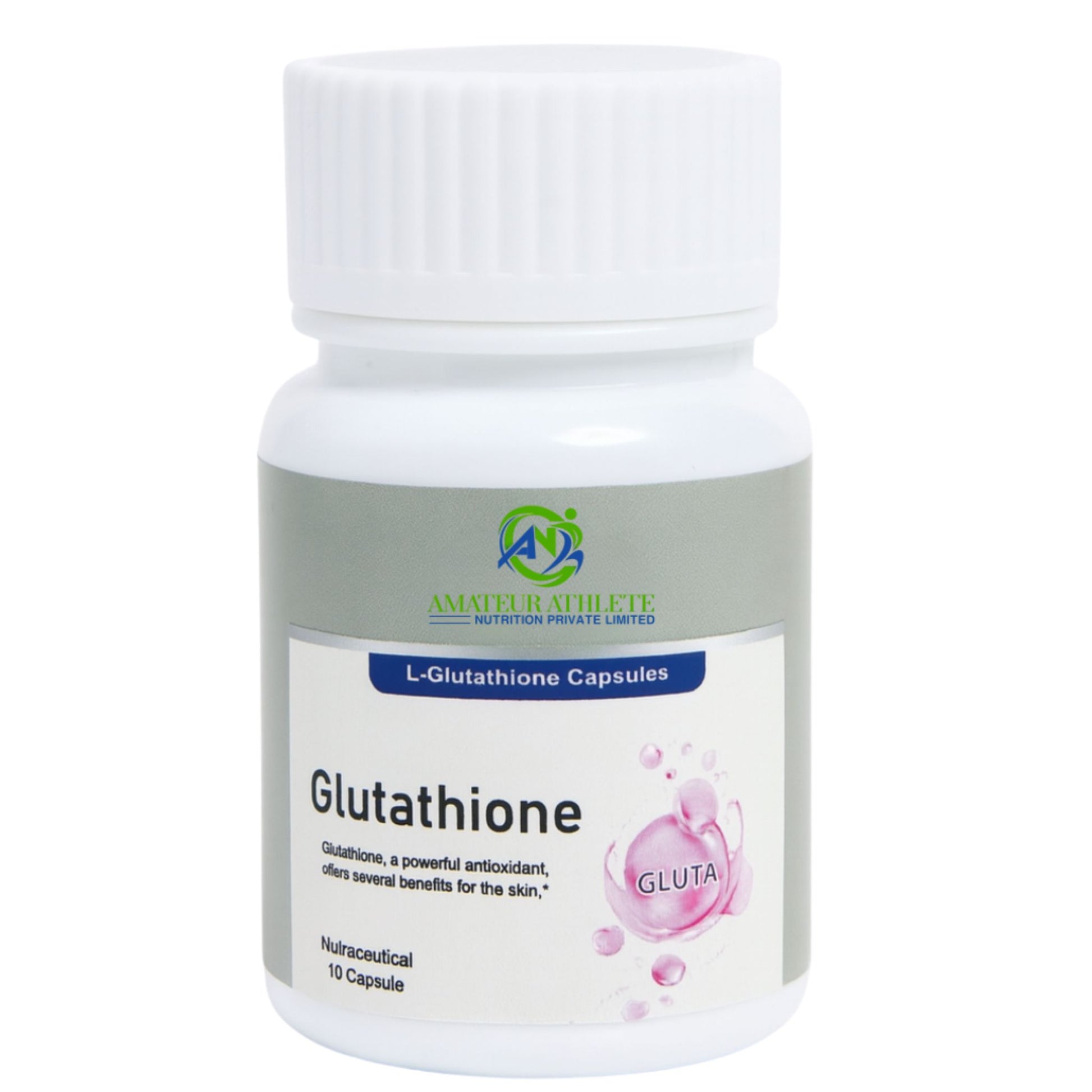 Bottle of L-Glutathione capsules with a white label on a white background