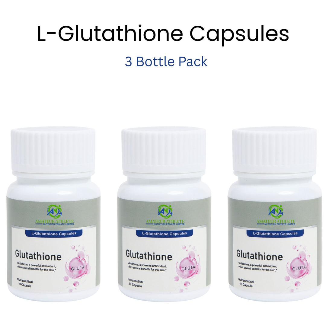 Three bottles of L-Glutathione capsules on a white background