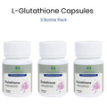 Three bottles of L-Glutathione capsules on a white background