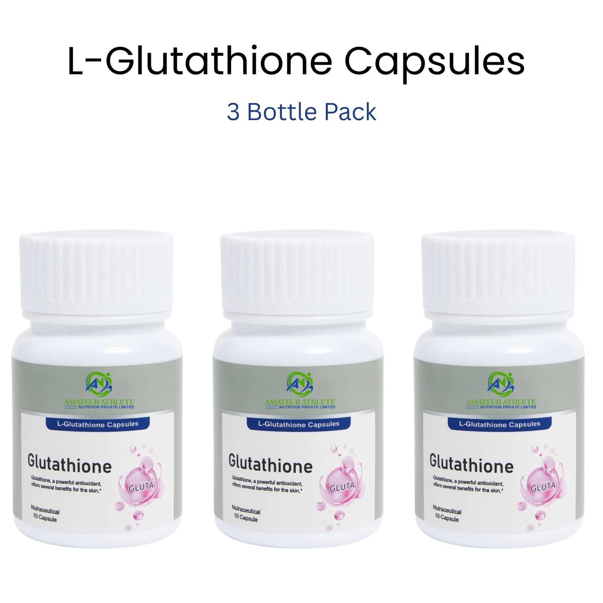 Three bottles of L-Glutathione capsules on a white background