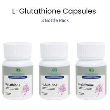 Three bottles of L-Glutathione capsules on a white background